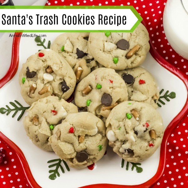 Santa's Trash Cookies Recipe. This holiday treat contains a little bit of everything including chocolate chips, white chocolate chips, and crushed potato chips in a perfect combination! These Santa's Trash Cookies will melt in your mouth with the perfect mixture of salty and sweet flavors. The next time you are looking for an easy-to-make drop cookie, try this excellent Santa's Trash Cookies recipe.