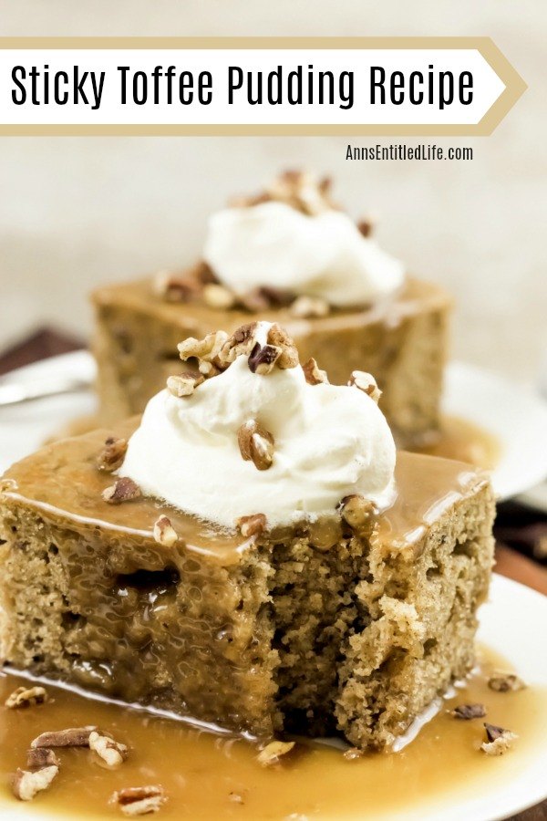 Two servings of sticky toffee pudding on white plates, garnished with whipped cream and nuts. The first piece has a bite removed.