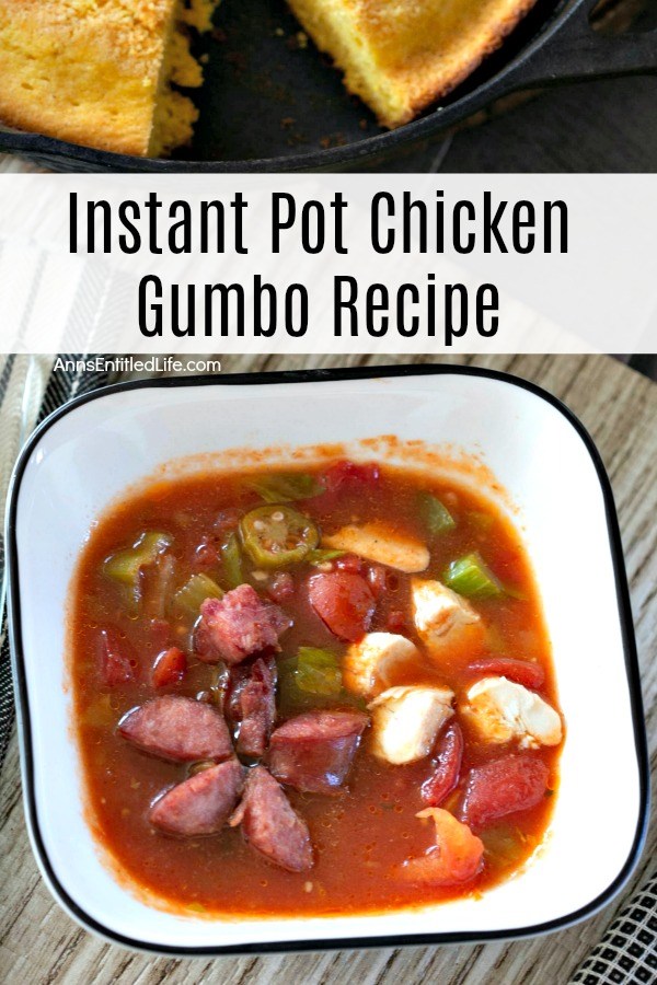 white bowl with blue rim filled with chicken gumbo, cornbread in a pan with one piece removed, atop of weathered tabletop