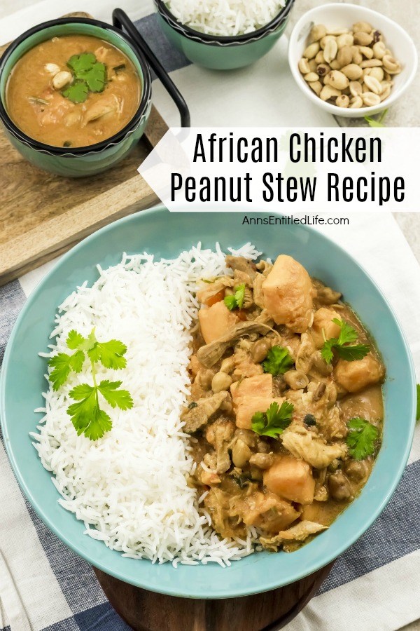 a blue bowl with african chicken peanut stew on the right, white rice on the left, atop a blue checked napkin. A bowl of african chicken peanut stew on the left, rice bowl in the middle, peanut bowl on the right