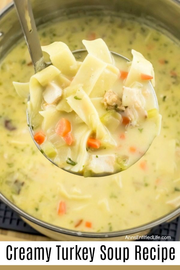 A ladle full of creamy turkey soup being lifted from a soup pot