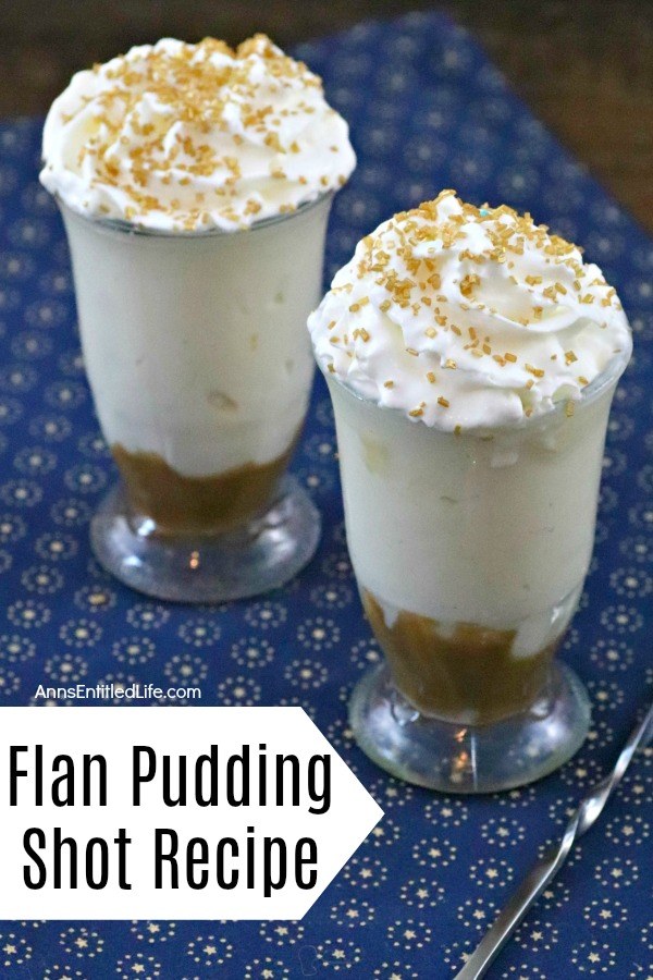 two flan pudding shot in a glass shot glass on top of a blue patterned napkin