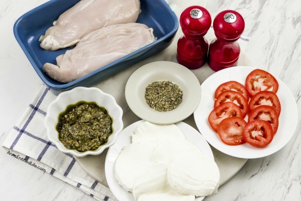 Baked Pesto Caprese Chicken Recipe. This easy-to-make, 5-ingredient, quick prep, baked pesto caprese chicken recipe packs a lot of great taste in a simple recipe. Tender, juicy chicken baked in a pan and smothered with fresh mozzarella... mmmm it's so good! Only you will know how little effort goes into preparing this great tasting chicken dinner.