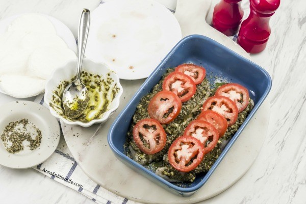 Baked Pesto Caprese Chicken Recipe. This easy-to-make, 5-ingredient, quick prep, baked pesto caprese chicken recipe packs a lot of great taste in a simple recipe. Tender, juicy chicken baked in a pan and smothered with fresh mozzarella... mmmm it's so good! Only you will know how little effort goes into preparing this great tasting chicken dinner.