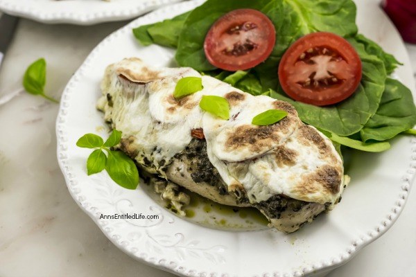 Baked Pesto Caprese Chicken Recipe. This easy-to-make, 5-ingredient, quick prep, baked pesto caprese chicken recipe packs a lot of great taste in a simple recipe. Tender, juicy chicken baked in a pan and smothered with fresh mozzarella... mmmm it's so good! Only you will know how little effort goes into preparing this great tasting chicken dinner.