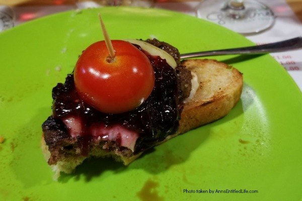 When Not to Go to Australia, by AnnsEntitledLife.com Kangaroo meat, beet jam, and a cherry tomato on top of crostini.