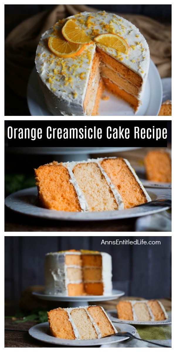 three photos stacked on top of one another: first photo is frosted orange creamsicle cake with a piece removed, the second photo is a profile piece of orange creamsicle cake on a grey plate, the third photo is two pieces of plated orange creamsicle cake, the remaining three-tier cake is on a white cake plate behind the pieces of served cake