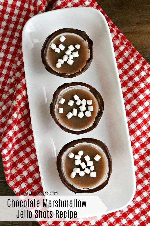 Overhead view of three chocolate marshmallow jello shots in a line on top of a white plate, atop a red and white checked napkin.