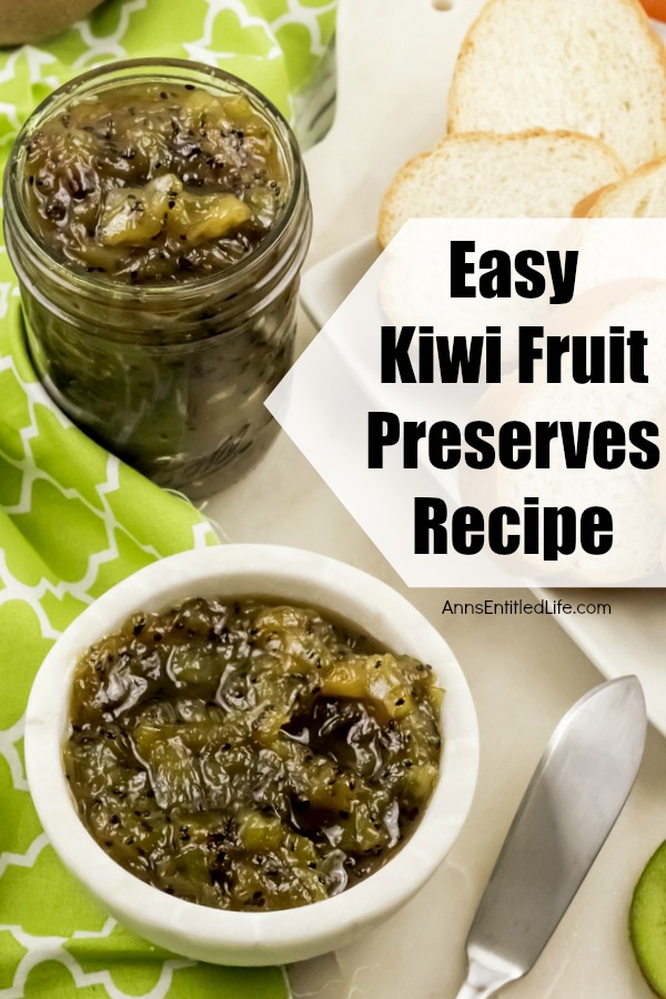 overhead view of kiwi fruit preserves in a white bowl, and in a mason jar, on a green checked napkin. there is a side of bread to the right.