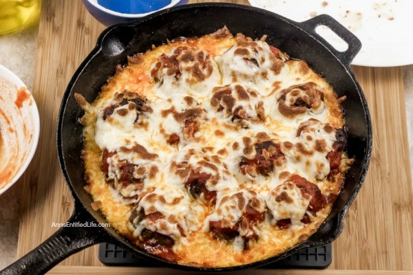 Cheesy Meatball Bake Recipe. This fresh take on the classic cheesy meatball casserole recipe is made in a skillet pan, taking this recipe from stove to oven in one cooking container. Take your ground beef to new heights; make this easy cheesy meatball bake recipe for dinner tonight! Yum!