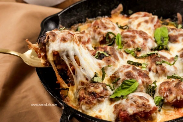 Cheesy Meatball Bake Recipe. This fresh take on the classic cheesy meatball casserole recipe is made in a skillet pan, taking this recipe from stove to oven in one cooking container. Take your ground beef to new heights; make this easy cheesy meatball bake recipe for dinner tonight! Yum!