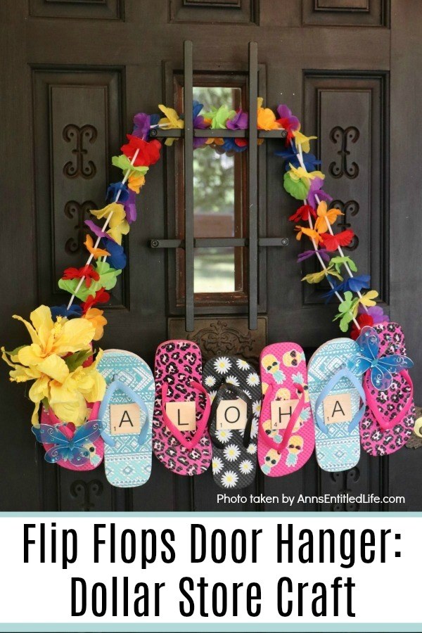 Colorful flip flops glued together, hung by fake lies, on a brown door