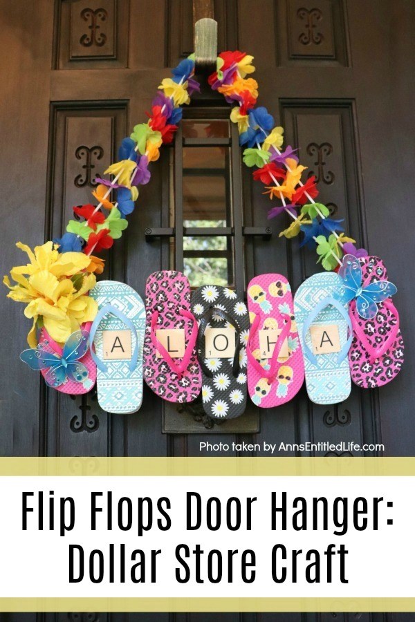 Colorful flip flops glued together, hung by fake lies, on a brown door