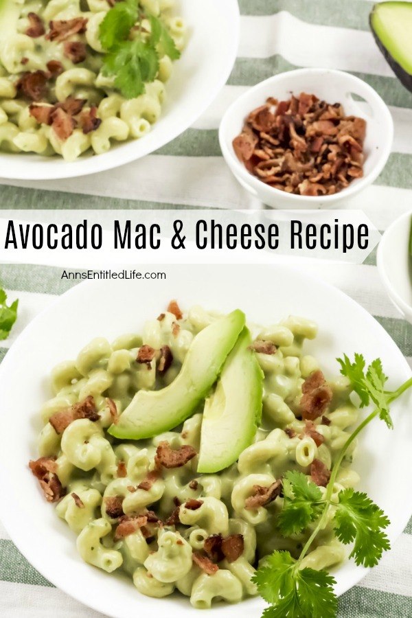 Two white plates filled with avocado mac and cheese on a green and white napkin, a small bowl of bacon to the right