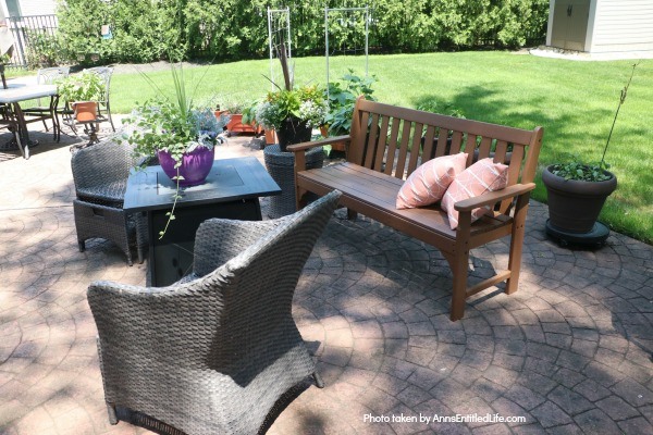 Backyard Patio Oasis. This is our backyard patio oasis. It is where we can go to relax on a beautiful summer day. Entertaining is a breeze with the three different seating areas, and I still have a patio container garden!