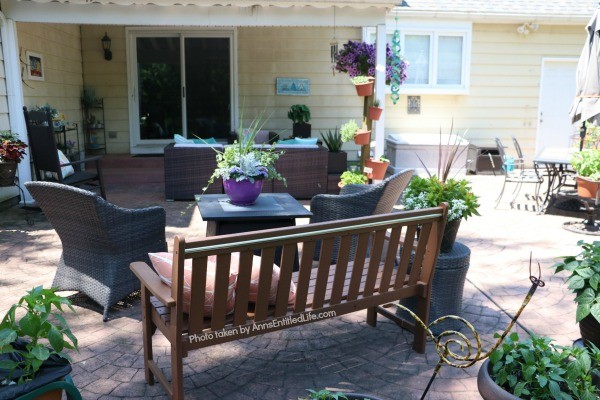 Backyard Patio Oasis. This is our backyard patio oasis. It is where we can go to relax on a beautiful summer day. Entertaining is a breeze with the three different seating areas, and I still have a patio container garden!