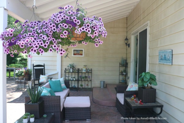 Backyard Patio Oasis. This is our backyard patio oasis. It is where we can go to relax on a beautiful summer day. Entertaining is a breeze with the three different seating areas, and I still have a patio container garden!