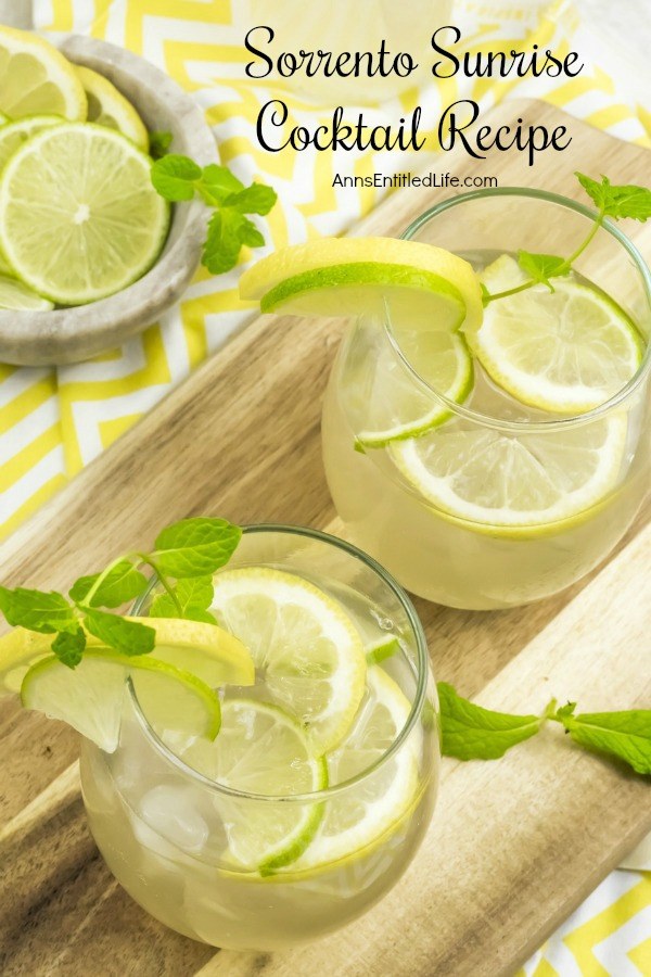 Overhead view of two sorrento sunrise cocktails on a cutting board. A marble bowl is set to the upper left and filled with lemon and lime slices. The cutting board is set on a yellow and white chevron napkin.