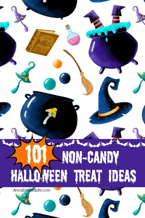 A cute cartoon of witch's cauldrons, potion bottles, hats, spell books, and various colored bubbles