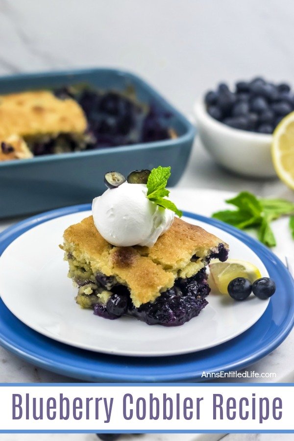 Blue plate underneath a white plate, a serving of blueberry cobbler on top of the white plate. The remaining pan of blueberry cobbler is in the upper left, a white bowl of fresh blueberries is in the upper right.