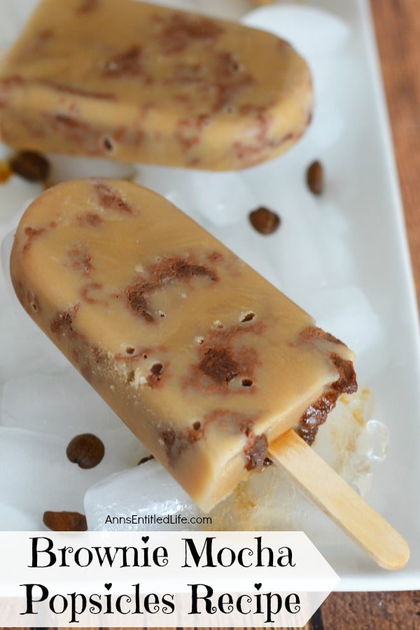 A closeup of a homemade brownie mocha popsicle in a vertical line with a second popsicle above it, on top of a bed of ice on a white plate, with a few coffee beans resting on the white plate too. This is on top of a brown board.