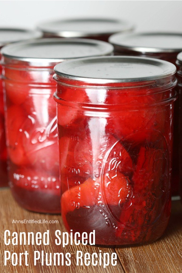 Close-up of 6 pint jars of canned red plums