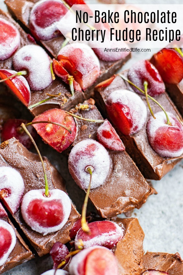 A close-up of cut fresh cherry chocolate fudge cut into multiple pieces.