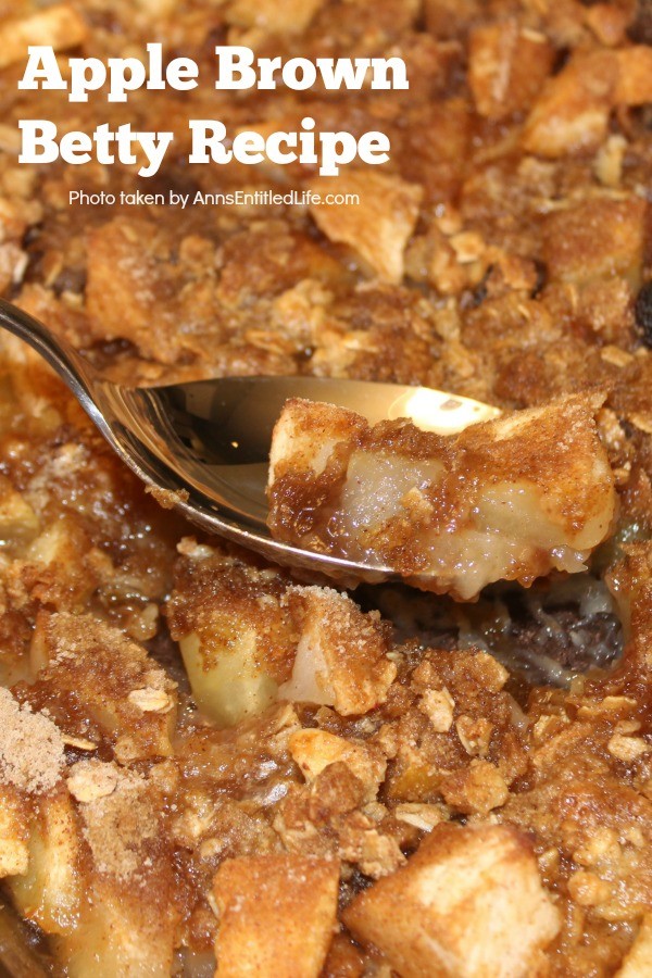 Close-up photo of a 13x9 pan filled with an apple brown betty dessert, a spoon in the center of the pan starting to lift a taste of the dessert