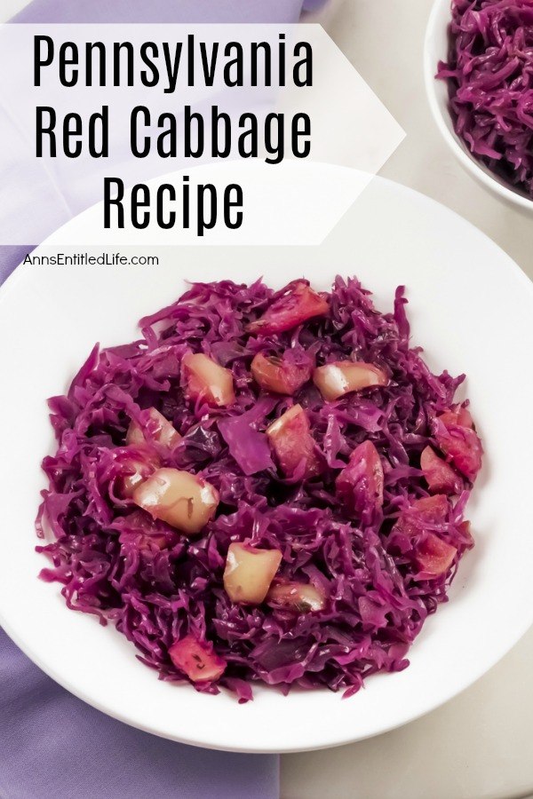 A close-up of a white bowl filled with cooked Pennsylvania red cabbage. A partial of a second bowl is in the upper right.