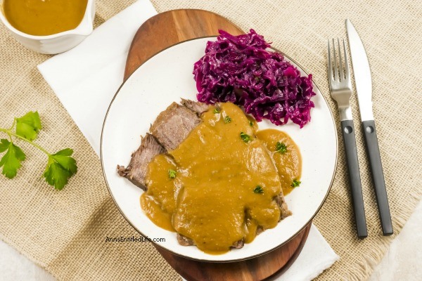 Sauerbraten Recipe. This tasty Sauerbraten is made using a traditional Sauerbraten recipe with a twist and a secret ingredient from Oma! Tender, flavorful, simple to make, and totally delicious, this fabulous roast starts with a fantastic marinade. Your friends and family will be asking for more!