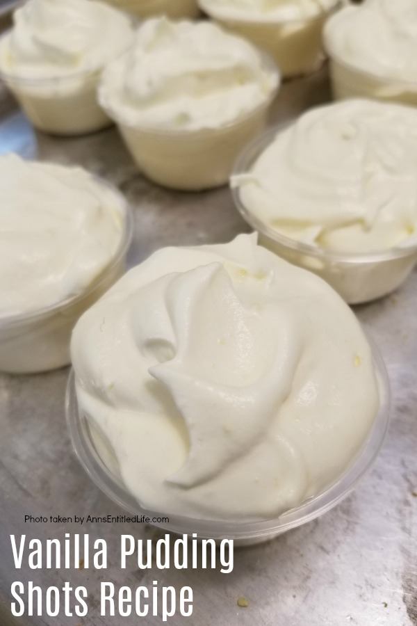 an overhead view of a vanilla pudding shot in a plastic soufflé cup at the forefront, 6 more pudding shots in the background, all on a slate kitchen island countertop