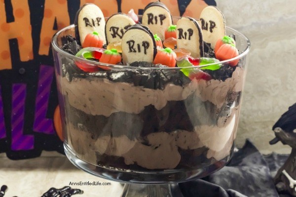 Graveyard Trifle Recipe. Ghosts, goblins, and ghouls will enjoy the fanciful graveyard scene on this tasty trifle recipe. The step-by-step instructions on how to make this graveyard trifle recipe are easy to follow. If you are looking for an easy Halloween dessert recipe your whole family will enjoy, this trifle is for you!