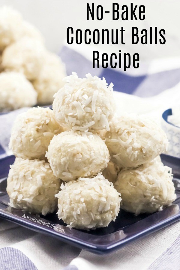 A dark blue plate filled with no-bake coconut balls. This is set upon a blue checked napkin.