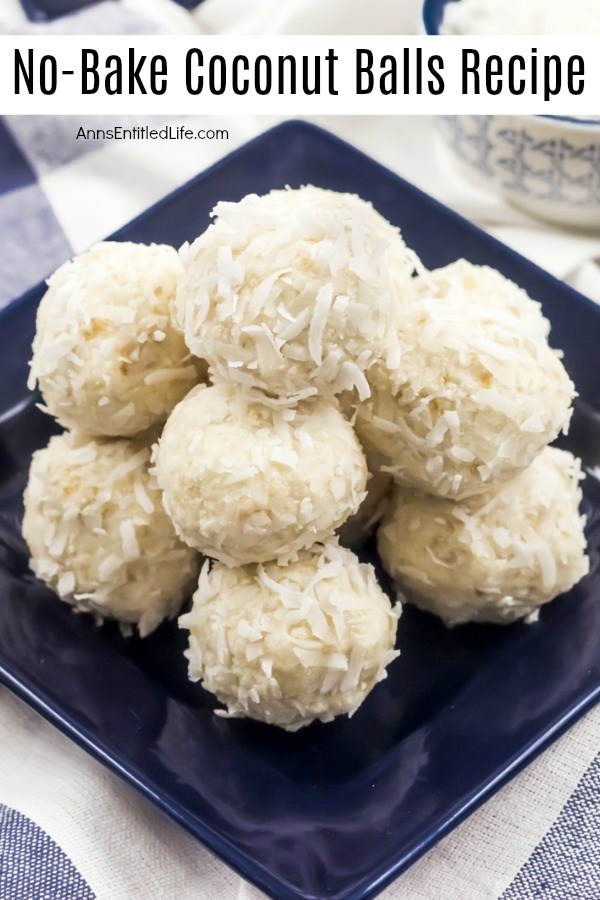 A close-up of a dark blue plate filled with no-bake coconut balls. This is set upon a blue checked napkin.