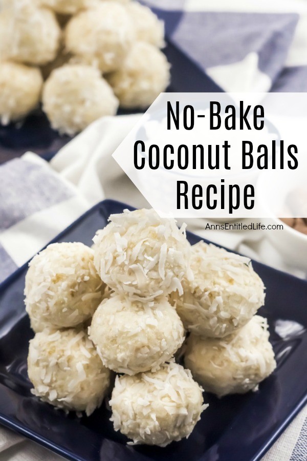 A dark blue plate filled with no-bake coconut balls. A second plate is in the upper left. This is all set upon a blue checked napkin.
