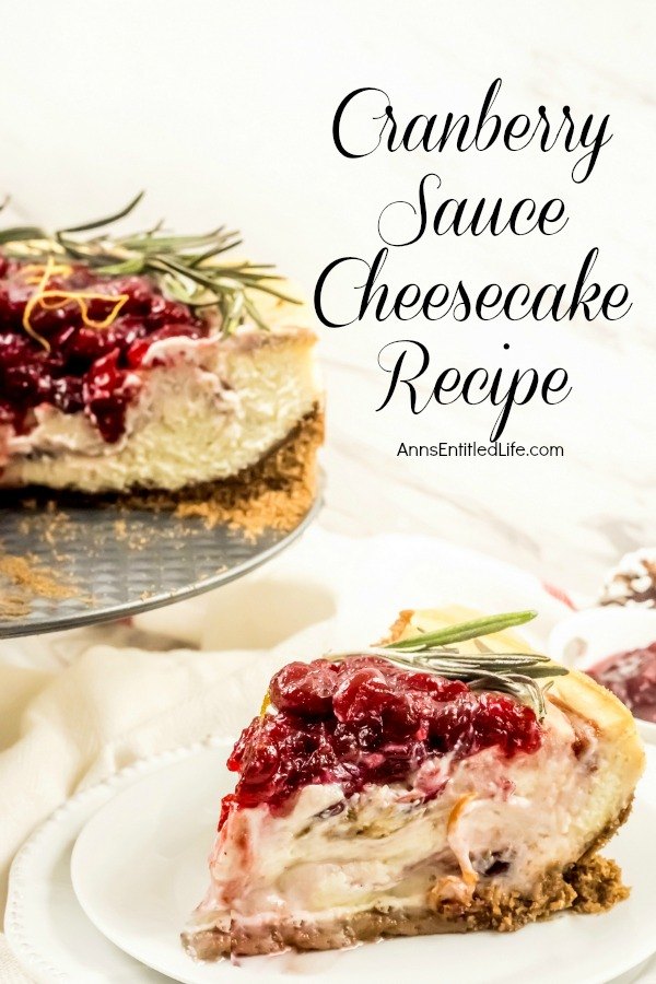 A plated piece of cranberry sauce cheesecake on a white plate sits in the front right of the photo. The remains of the cheesecake are on a tray in the upper left. This is set against a white background.