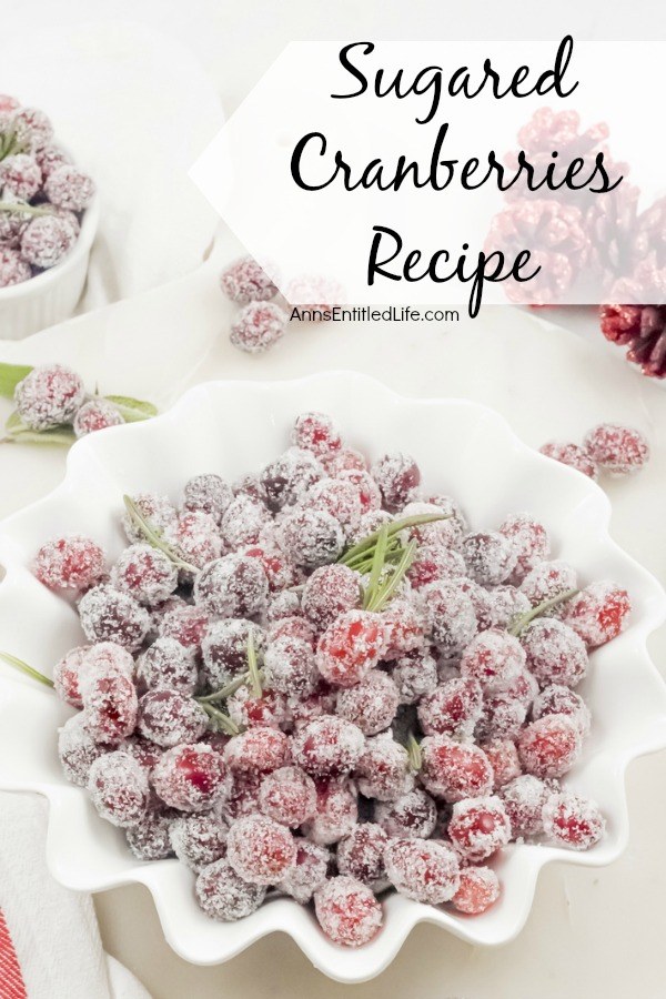 An overhead shot of a white bowl full of sugared cranberries (accented with rosemary). a smaller white bowl full in the upper left and red-colored pinecones in the upper right. All on a white background.