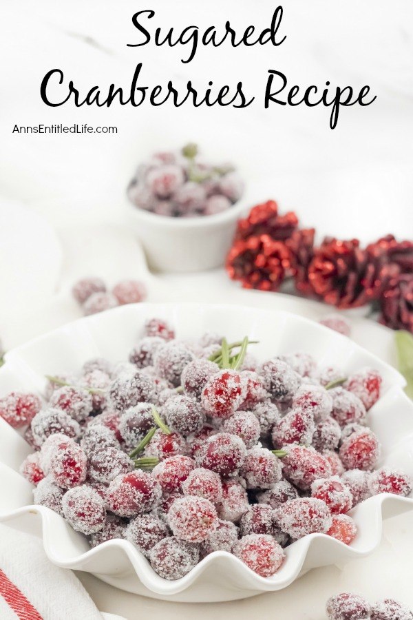 A bowl of white bowl full of sugared cranberries (accented with rosemary). A smaller white bowl full right above it, red colored pinecones in the upper right. All on a white background.