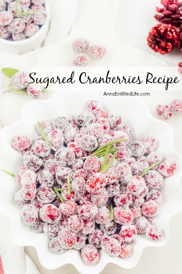 An overhead shot of a white bowl full of sugared cranberries (accented with rosemary). a smaller white bowl full in the upper left and red-colored pinecones in the upper right. All on a white background.