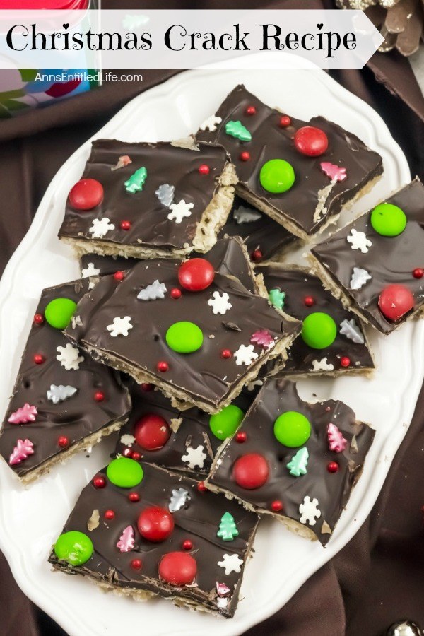 Overhead views of a plate of homemade Christmas crack candy.