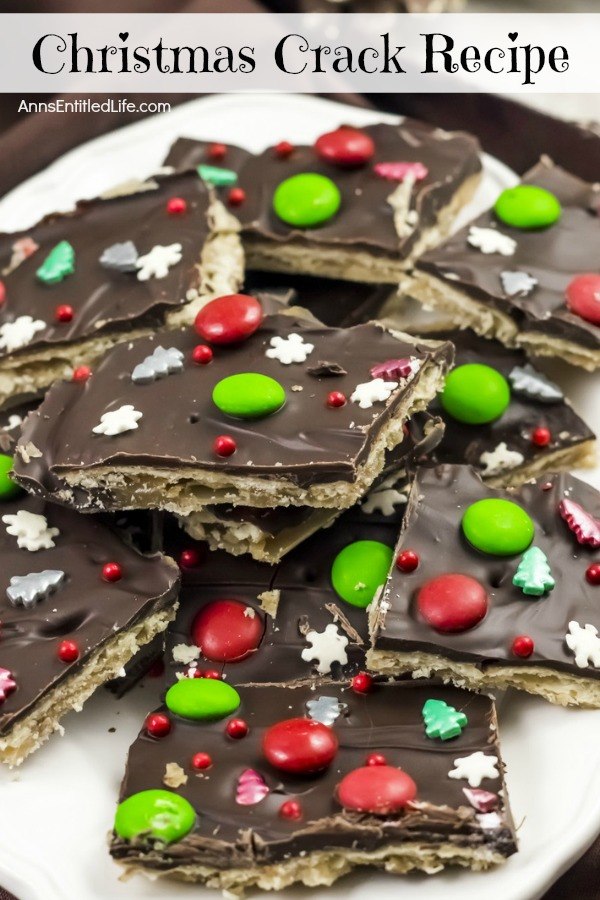 Upclose photo of a plate of homemade Christmas crack candy.