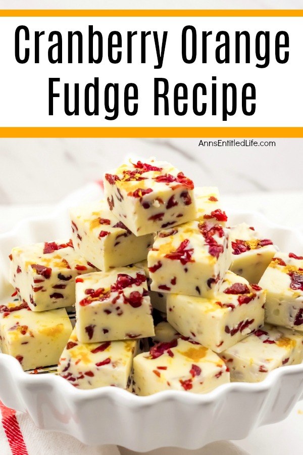 A white bowl fills with a stack of cranberry orange fudge pieces.