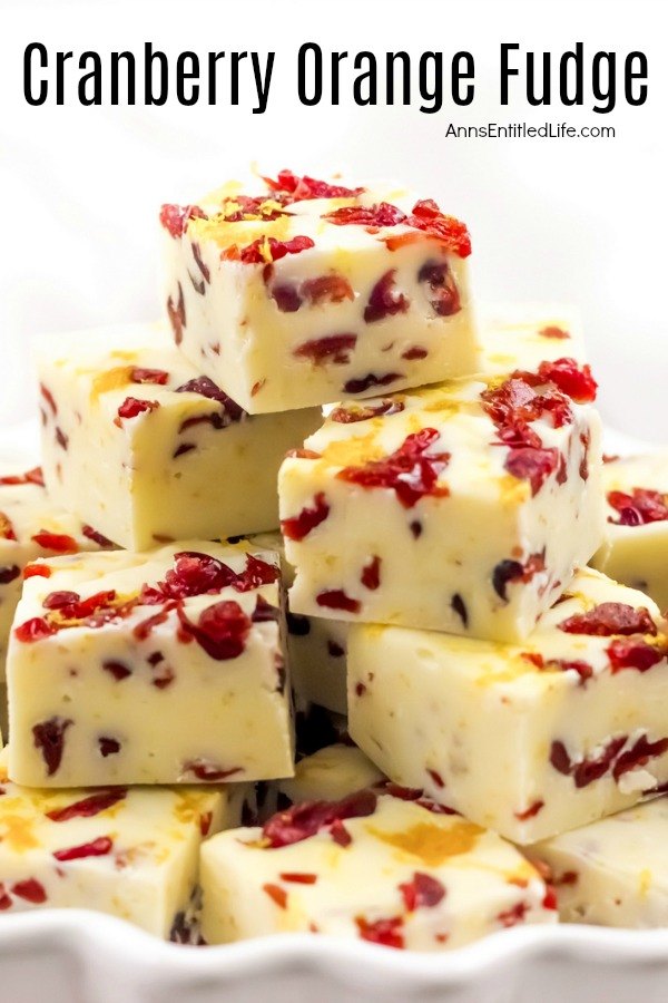 A close-up of a white bowl fills with a stack of cranberry orange fudge pieces.