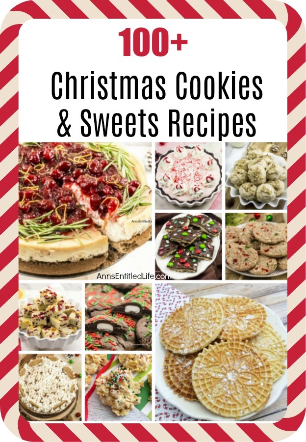 A collage of Christmas cookies and sweets surrounded by a candy cane wrapper.