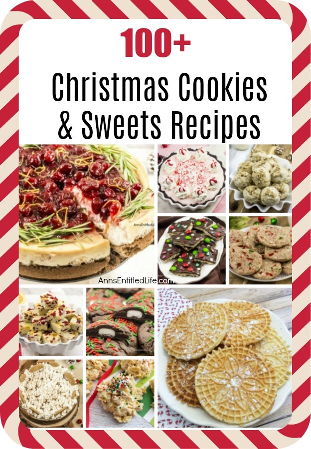 A collage of Christmas cookies and sweets surrounded by a candy cane wrapper.