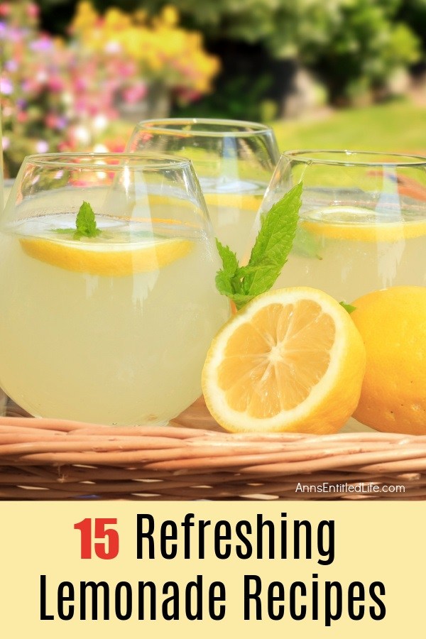 Three glasses filled with lemonade, a cut lemon sits in front of them, there is backyard foliage in the background