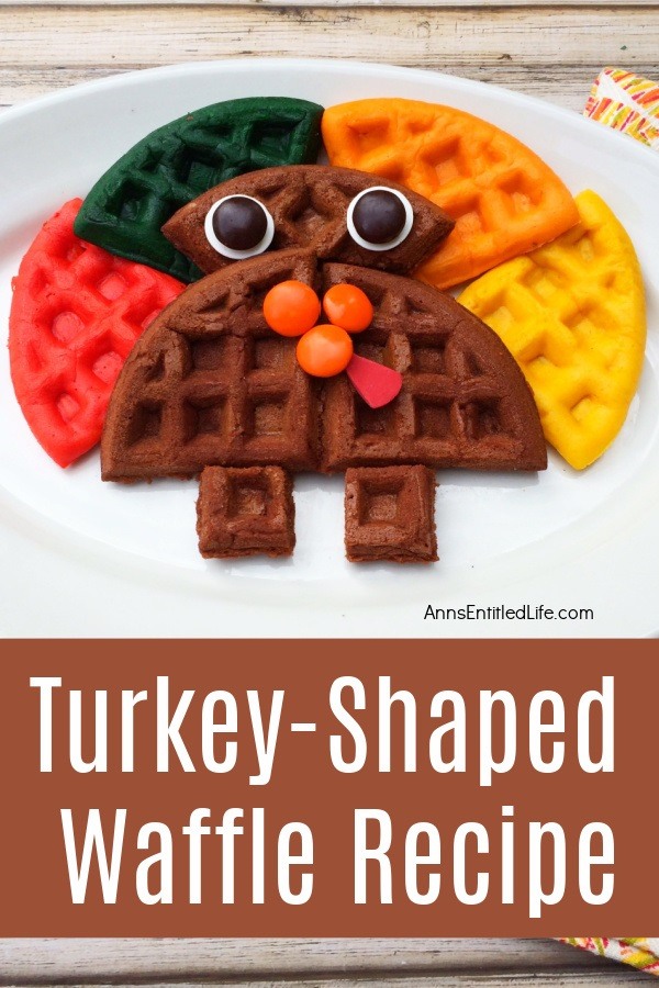 colored waffle in the shape of a turkey on a white plate