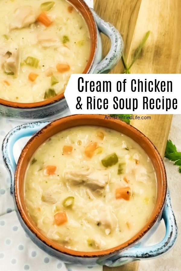 an overhead shot of two small blue soup bowls filled with cream of chicken and rice soup that are set on a cutting board