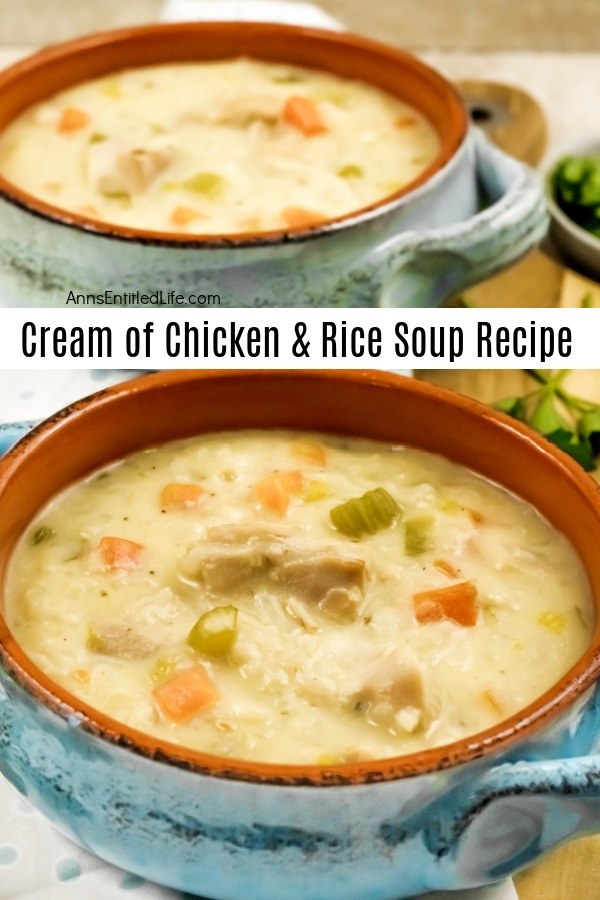 an up close image of two small blue soup bowls filled with cream of chicken and rice soup that are set on a cutting board