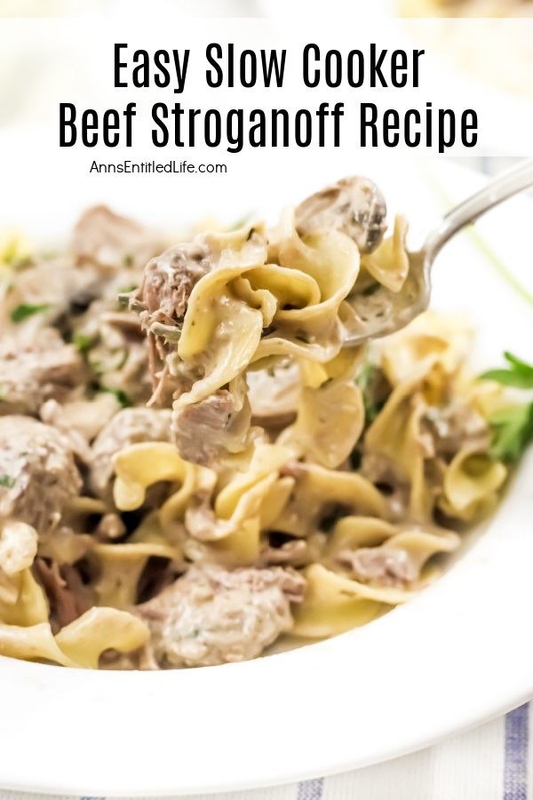 a fork full of beef stroganoff is front and center, there is a white bowl filled with beef stroganoff below that